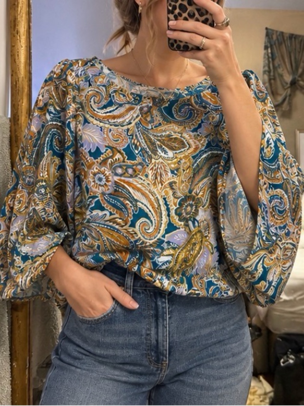 Paisley Balloon-Sleeve Blouse in Teal and Gold Accent